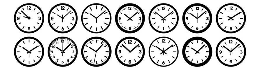 Clock silhouettes set, pack of vector silhouette design, isolated background