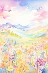 Beautiful watercolor painting of a vibrant floral field with mountains in the background, blending colorful skies and serene nature scenery.