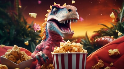 3D render of a dinosaur munching on popcorn, vibrant scene, playful and colorful, detailed textures