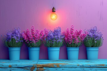 Vibrant purple flowers in blue pots against a pastel purple wall, illuminated by a warm light bulb, creating a colorful and cheerful floral display