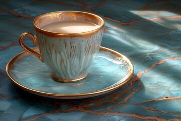 Artistic coffee cup on a textured teal surface with creative lighting, capturing the elegance and beauty of a morning coffee ritual in a stylish setting