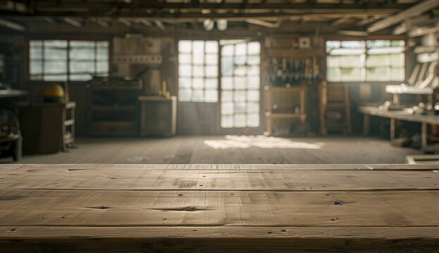 Rustic Wooden Table with Blurred Workshop Background