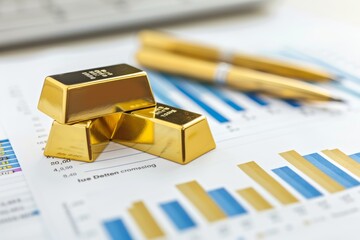 Gold bars stacked above regulatory compliance tools, aiding in analysis of key indicators on charts