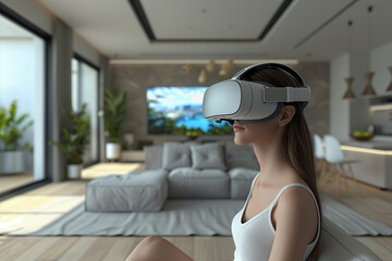 Naklejka premium Person using a VR headset in a modern living room, 3d render 