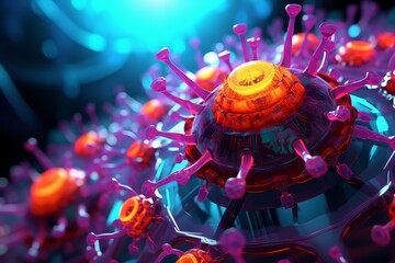 3D wallpaper of a virus structure, high magnification, bright neon colors, abstract scientific theme