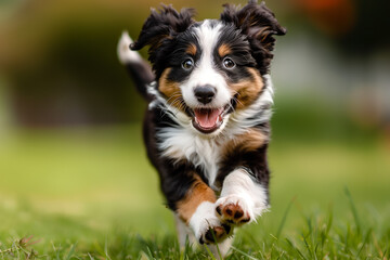Playful puppy running on a grassy field