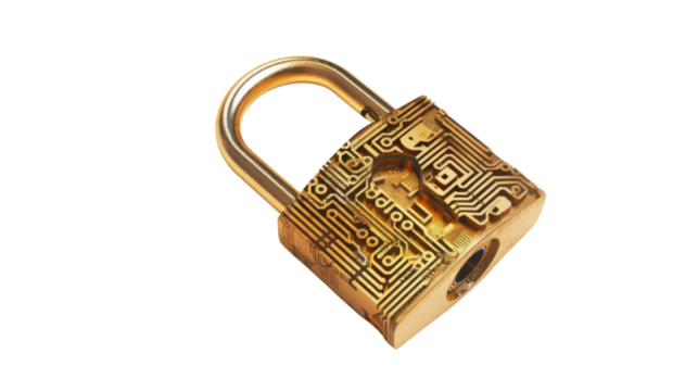 Golden padlock with integrated electronic circuits, password security technology for fraud prevention and confidential data network 