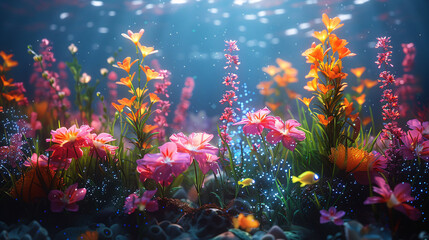 A nighttime aquarium scene with bioluminescent marine life gently glowing in the dark water