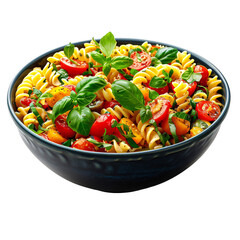 Pasta salad with cherry tomatoes and basil die cut PNG style isolated on white and transparent background
