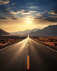Long stretch of black asphalt road disappearing into the horizon focus on endless journey, dynamic, blend mode, desert backdrop