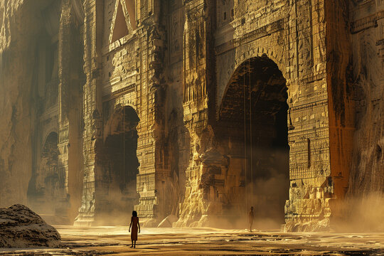 Tourist exploring ancient ruins, travel concept, 3d render 