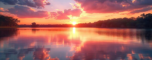 Fototapeta premium Sunset over a serene lake with reflections of the colorful sky on the water, warm oranges and pinks, highresolution photography, peaceful and calm,