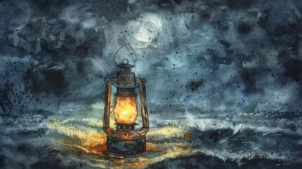 antique ship lantern illuminating dark stormy sea handdrawn watercolor illustration on textured paper