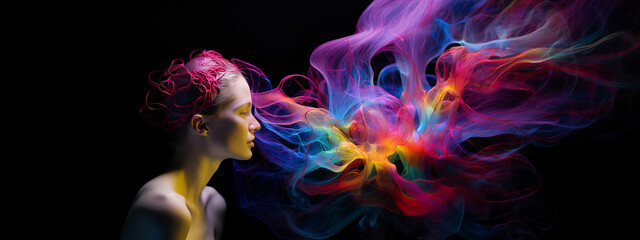 colorful smoke from woman head spreading on black background; concept of mind and thoughts exploding from brain and building body health; psychology, disorders, personality, human behavior patterns