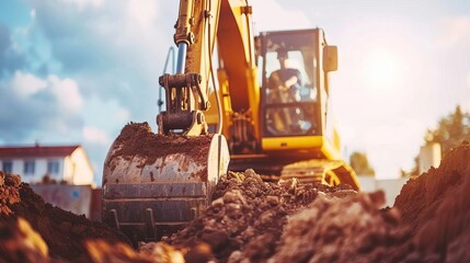 backhoe excavator digging soil at construction site heavy machinery in action industry concept