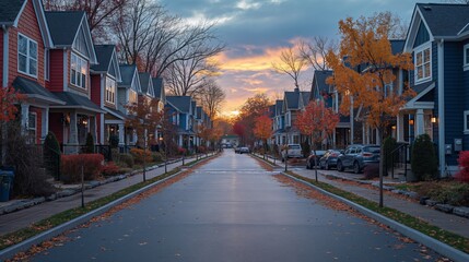 Obraz premium Suburban Street at Sunset in Autumn