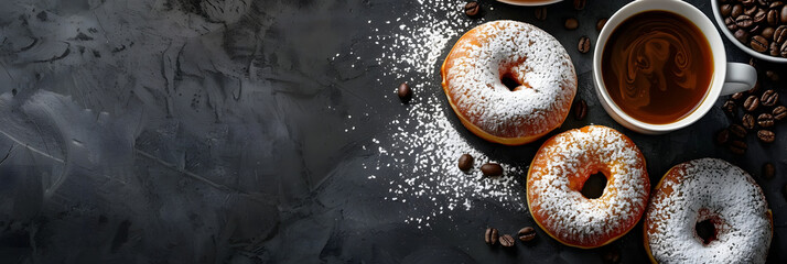Naklejka premium Breakfast with powdered sugar donuts buns and coffee on a black background viewed from the top with ample space for additional images or text