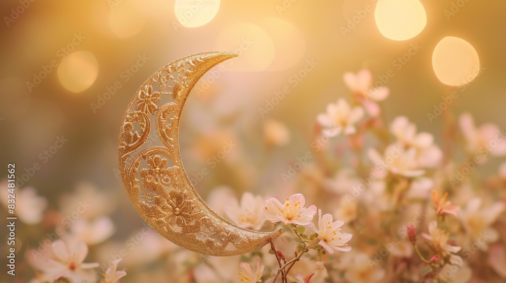Fototapete eid ul adha mubarak text in elegant script, accompanied by a simple crescent moon and delicate flora