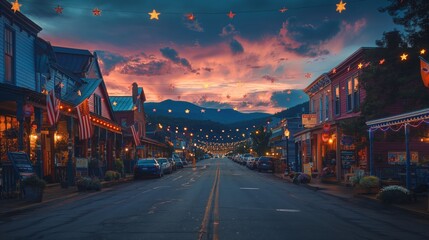 Obraz premium Festive Small Town Street at Dusk