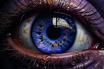 Close-up of an eye reflecting a beer glass, sharp detail on the iris, vibrant and intriguing capture