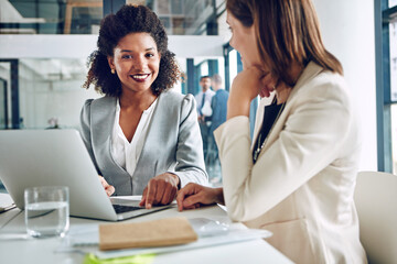 Business, portrait and women at laptop together for research, teamwork and partnership with financial advisor. Strategy, planning and people in b2b meeting for proposal, online review and paperwork