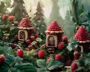 Fototapeta premium A whimsical scene of raspberries as tiny huts in a fairy village, with delicate details