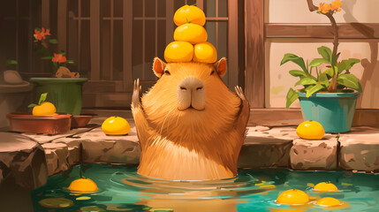 Cute capybara with oranges