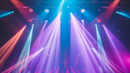 Stage lights casting colorful beams across a packed concert hall