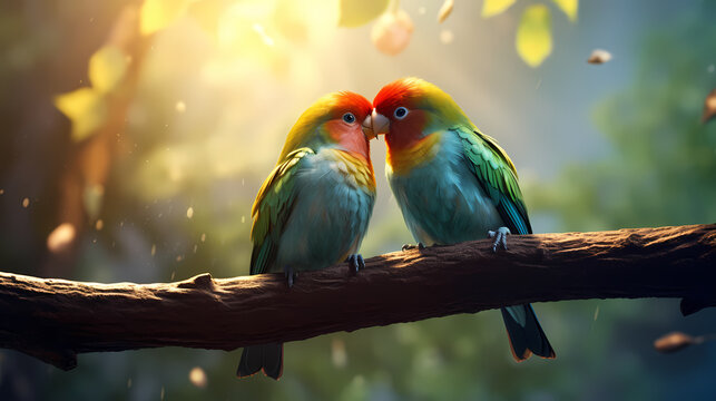 Two colorful love birds sitting on a branch and kissing