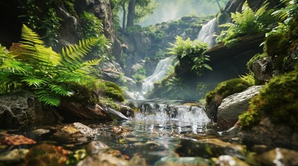 A tranquil scene of a clear mountain stream flowing over rocks, surrounded by moss and ferns