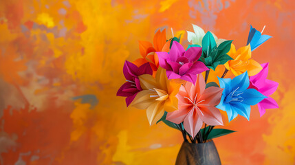Colorful bouquet of handmade paper flowers. Festa Junina banner with origami flowers. Holiday and craft theme for print, poster, greeting card.