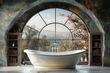 Elegant bathroom with a large arched window, freestanding bathtub, and sophisticated decor, creating a luxurious and serene bathing experience