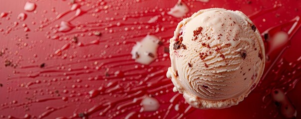 A scoop of tiramisu ice cream on a vibrant red background, rich and decadent