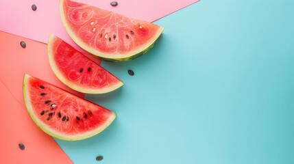 Watermelon slice arrangement on colorful backdrop Top view photograph with empty space for text