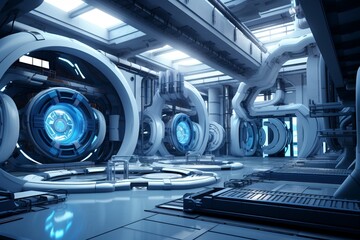Fototapeta premium Futuristic factory interior in 3D, abstract metal gears, ambient light, steel blue palette, high detail
