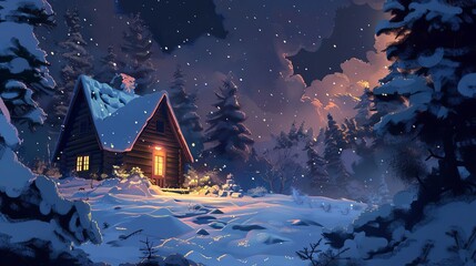 cozy wooden house in enchanting winter forest at night digital illustration