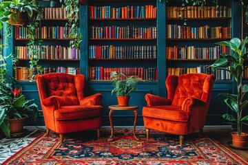 Vintage library with red velvet chairs, wooden bookshelves, and warm lighting, creating a cozy and intellectual reading space with a touch of classic elegance