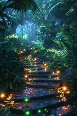 Futuristic jungle path with digital elements, glowing green light
