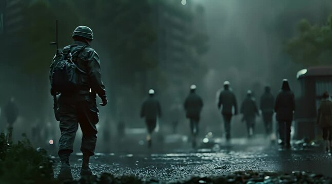 A soldier march fast forward in the rain 