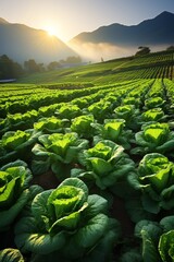 Fototapeta premium Lettuce field at sunrise, lush green, mountains in background, peaceful