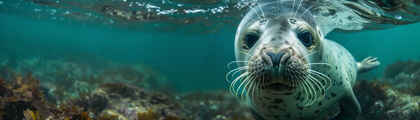 Playful seal underwater, looking directly at the camera - Powered by Adobe