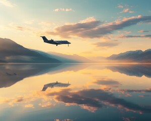 Fototapeta premium A private jet flying over the serene waters of a remote lake at dawn, creating a tranquil scene