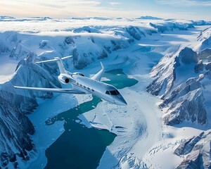 Fototapeta premium A private jet flying over an arctic landscape, with glaciers and icy waters below
