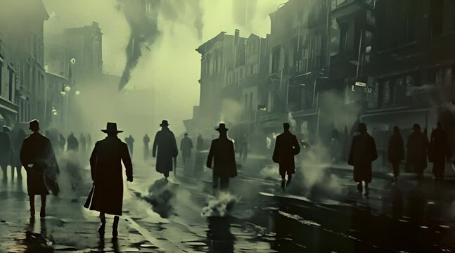 People in hats walking in the rainy smoky street 