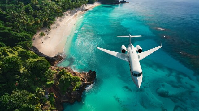A private jet flying over a tropical paradise, with palm-fringed beaches and azure waters