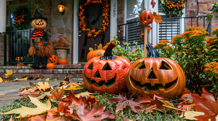 Obraz premium . Halloween Yard Decorations with Jack-O-Lanterns and Witch Figures