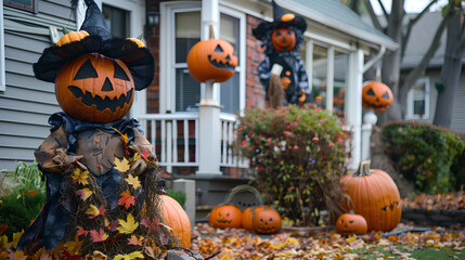 . Halloween Yard Decorations with Jack-O-Lanterns and Witch Figures