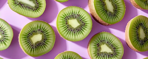 Fototapeta premium Sliced kiwi on a pastel purple background, exotic and refreshing