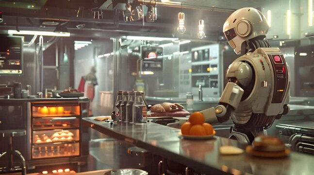 A robot works in the kitchen as a cook 