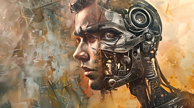 Graphic style half man and half robot portrait 